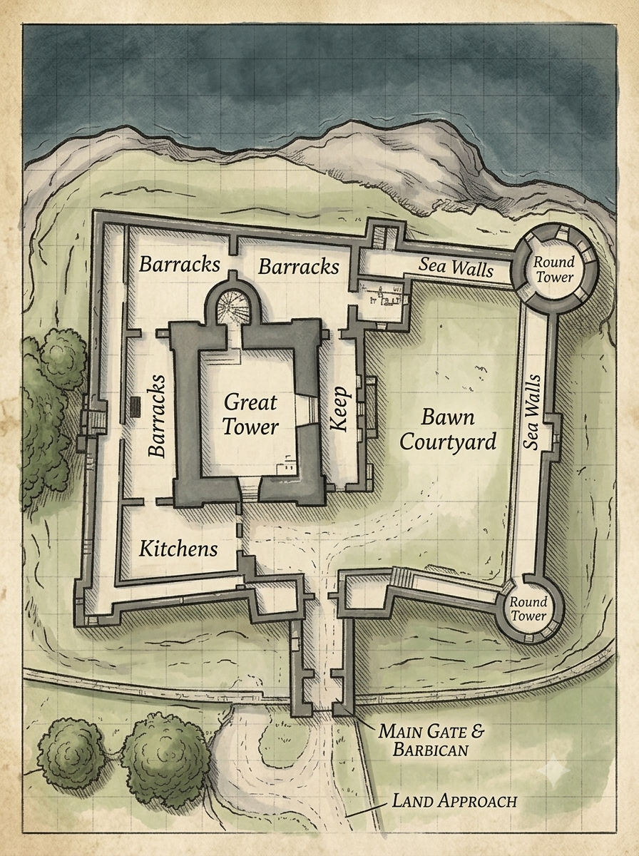 Illustrated plan of Doe Castle on Sheephaven Bay
