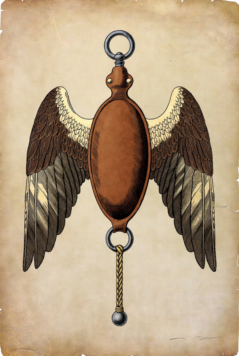 A falconer's lure — the swung weight that calls the hawk back to the hand