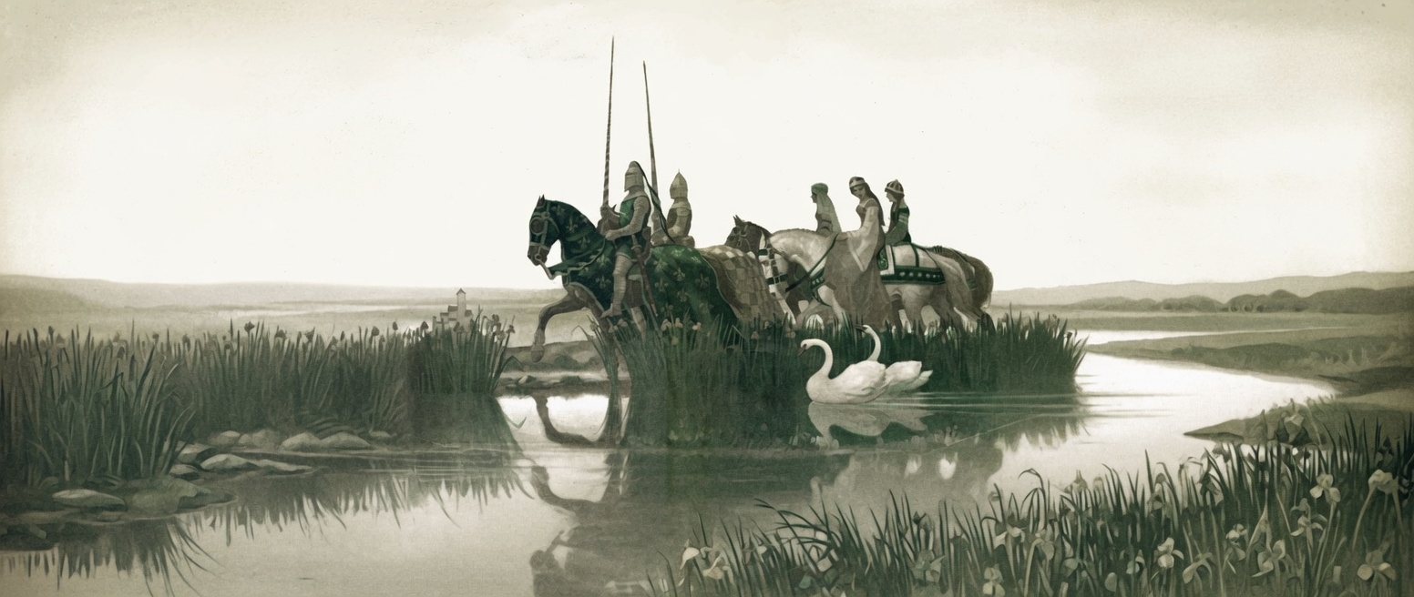 Arthurian scene with swans and riders