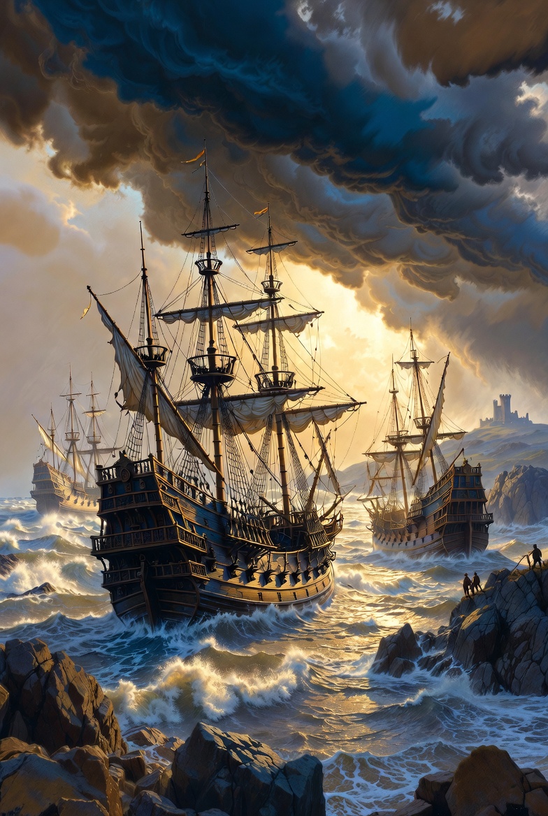 Spanish Armada galleons in storm seas off a Donegal castle headland