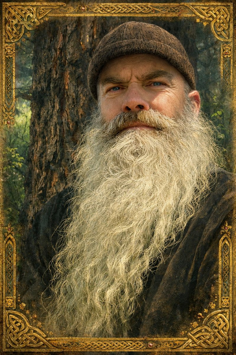 S. S. Sweeney seated by a tree, long white beard — the writer who carries the name