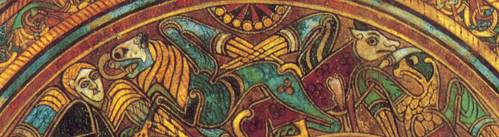 A detail from the Book of Kells: interlaced beasts and figures beneath a decorated arch