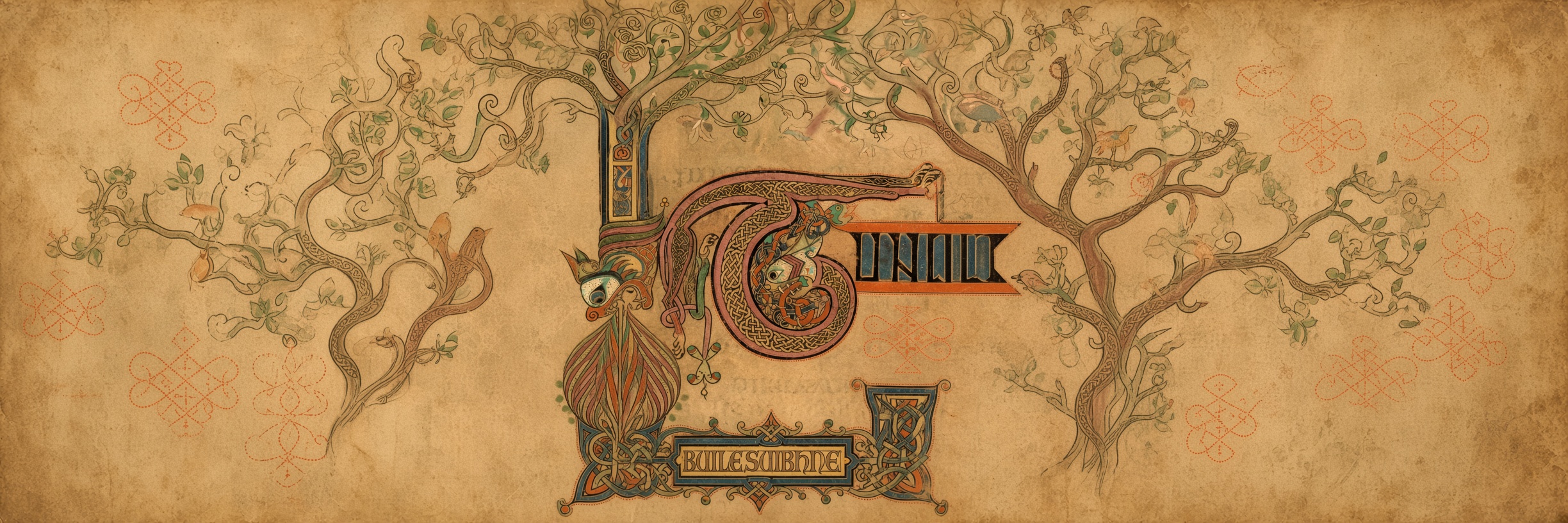 Insular-style illuminated initial titled Buile Suibhne, set between bare and leafing trees full of birds