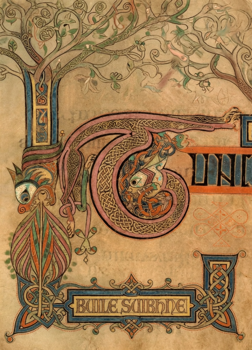 Insular-style illumination with the title Buile Suibhne
