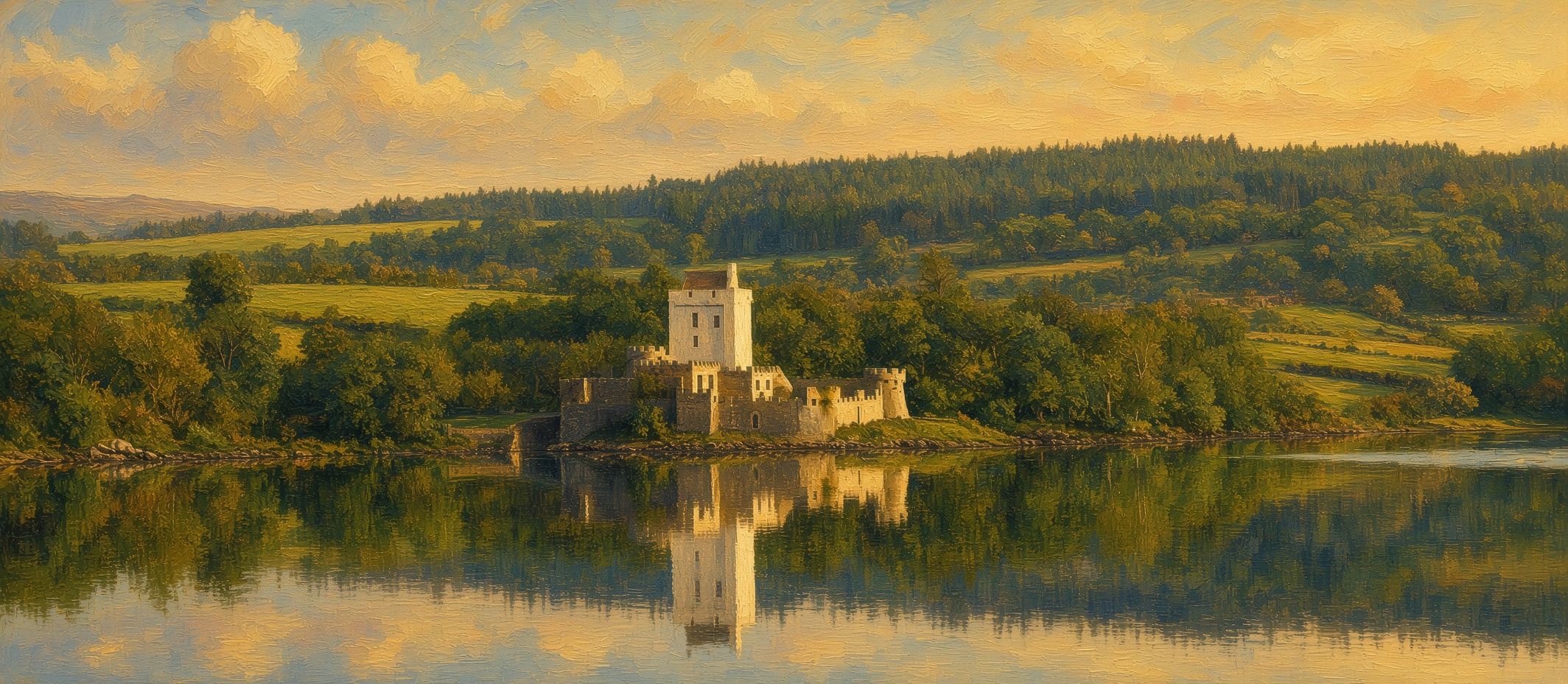 Oil painting of Doe Castle on the shore of Sheephaven Bay, mirrored in still water