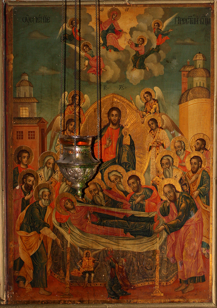 Bulgarian icon of the Dormition: apostles gather around Mary's body while Christ receives her soul