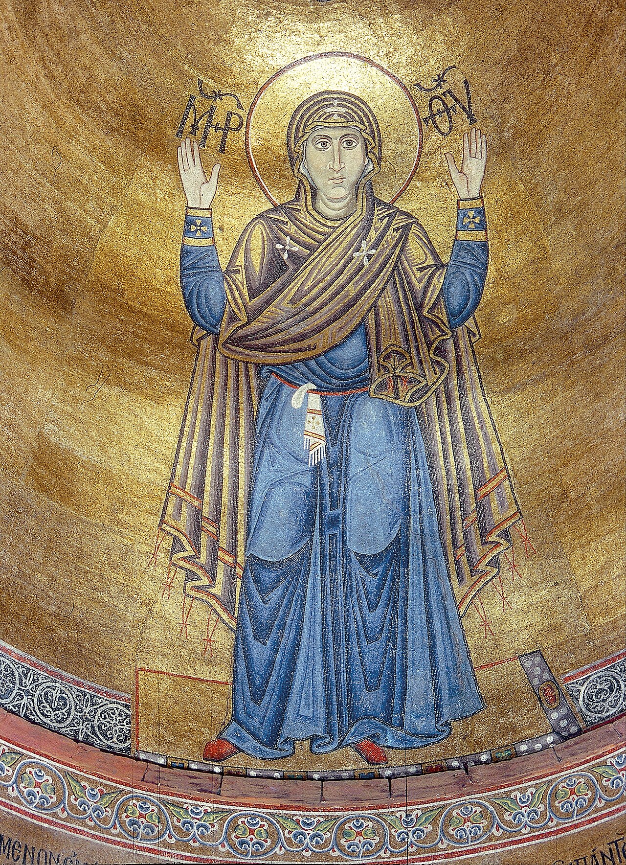 Eleventh-century Orans mosaic of the Theotokos in Saint Sophia Cathedral, Kyiv, standing with hands raised in prayer
