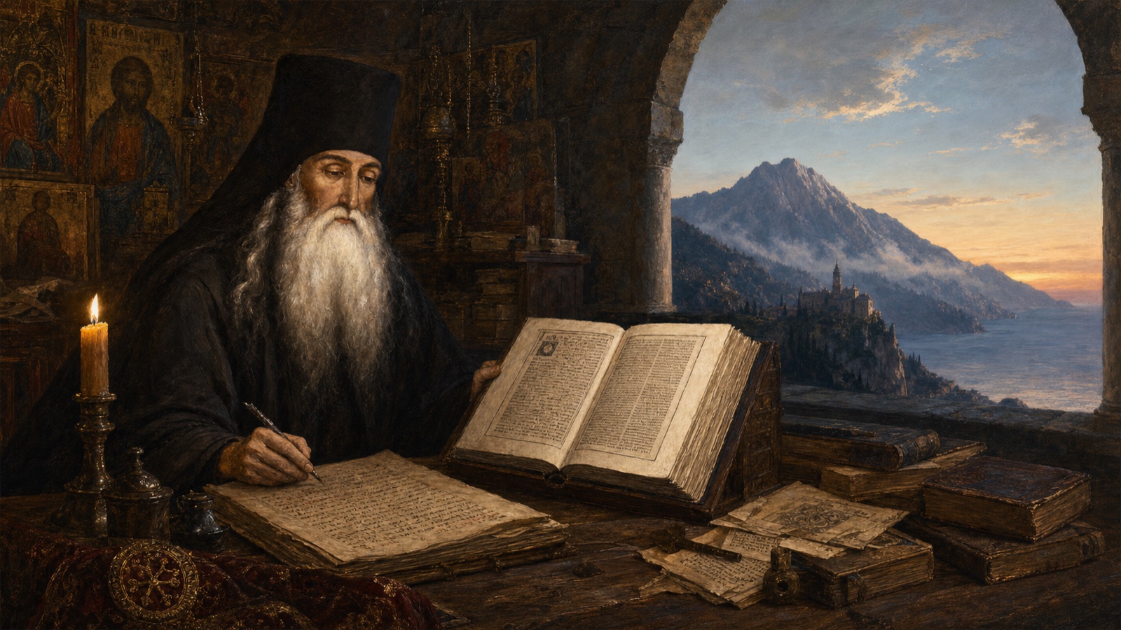 Painterly scene of Saint Paisius at a desk with manuscripts and a printed Philokalia while Mount Athos rises beyond an arch at dawn