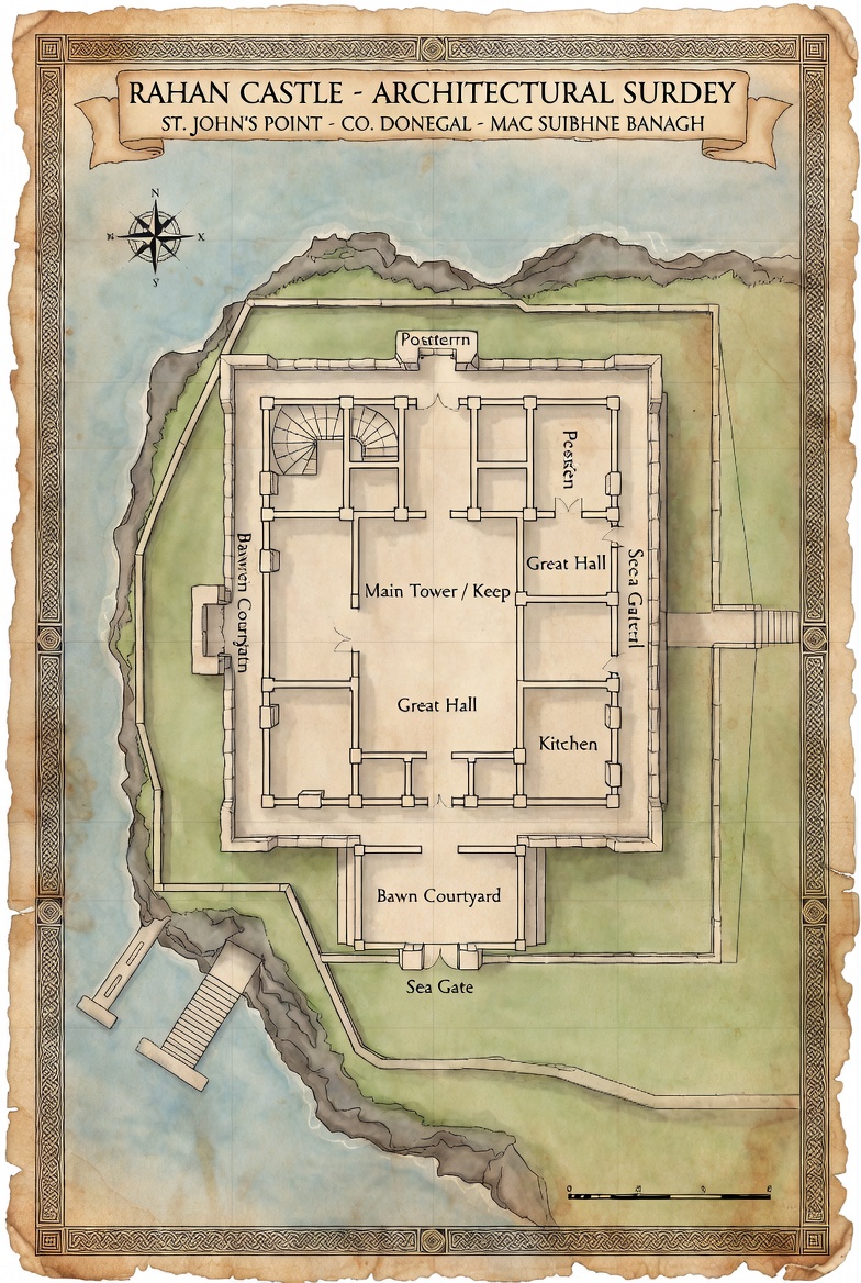 Illustrated architectural plan of Rahan Castle on St. John's Point