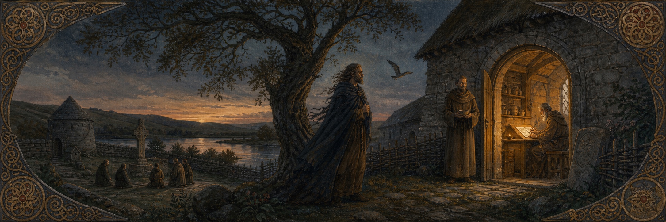 An illuminated scene at Teach Moling: Sweeney free beneath a tree, the monastery open at dusk, and a scribe working by lamplight