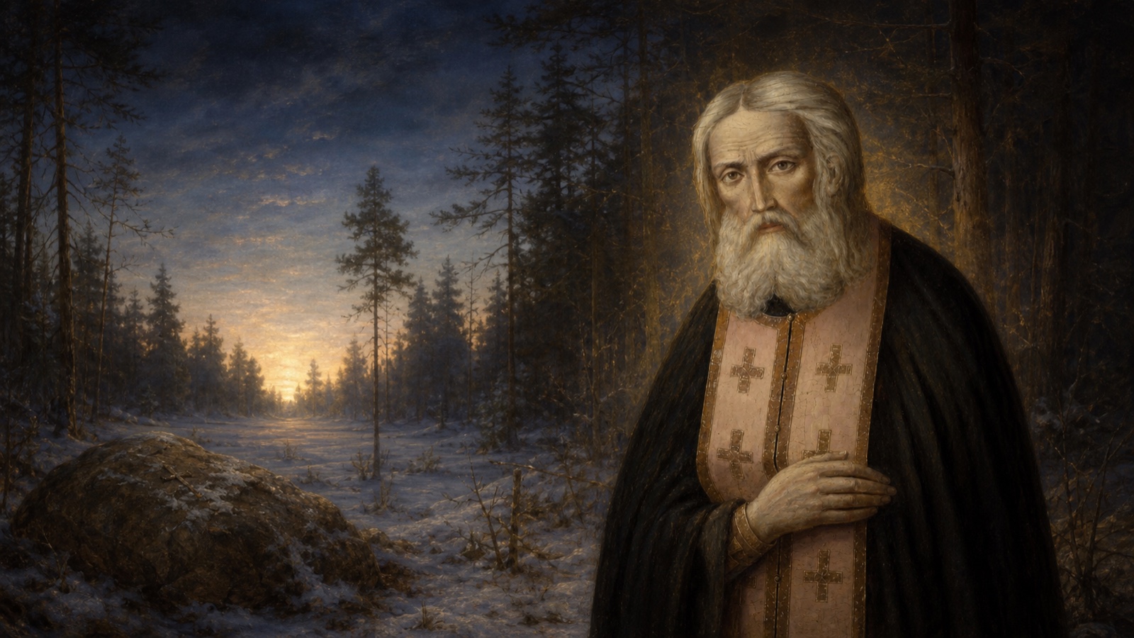 Painterly scene of Saint Seraphim standing with his hand over his heart beside a granite prayer rock in the Sarov forest before dawn